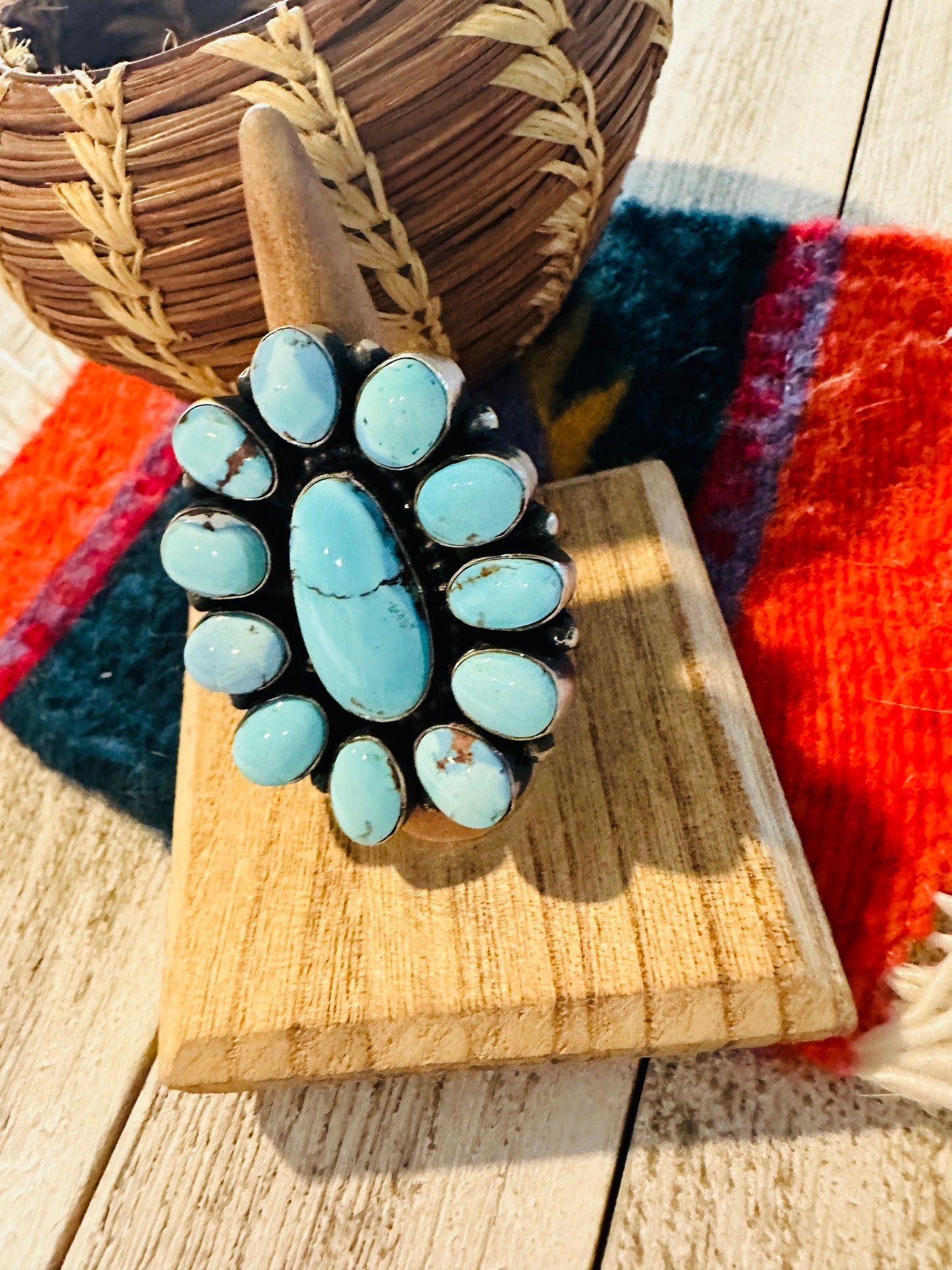Handcrafted Golden Hills Turquoise & Sterling Silver Cluster Ring by Blaine Yellowhorse, Size 7