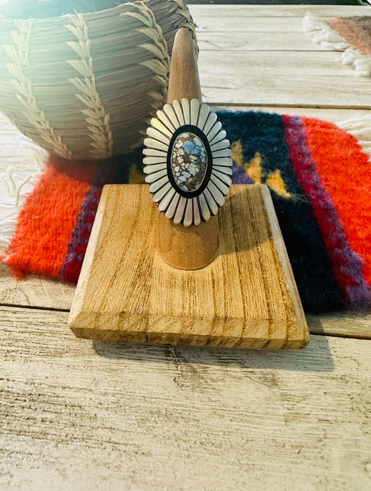 Navajo Golden Hills Turquoise & Sterling Silver Shadowbox Ring Size 6