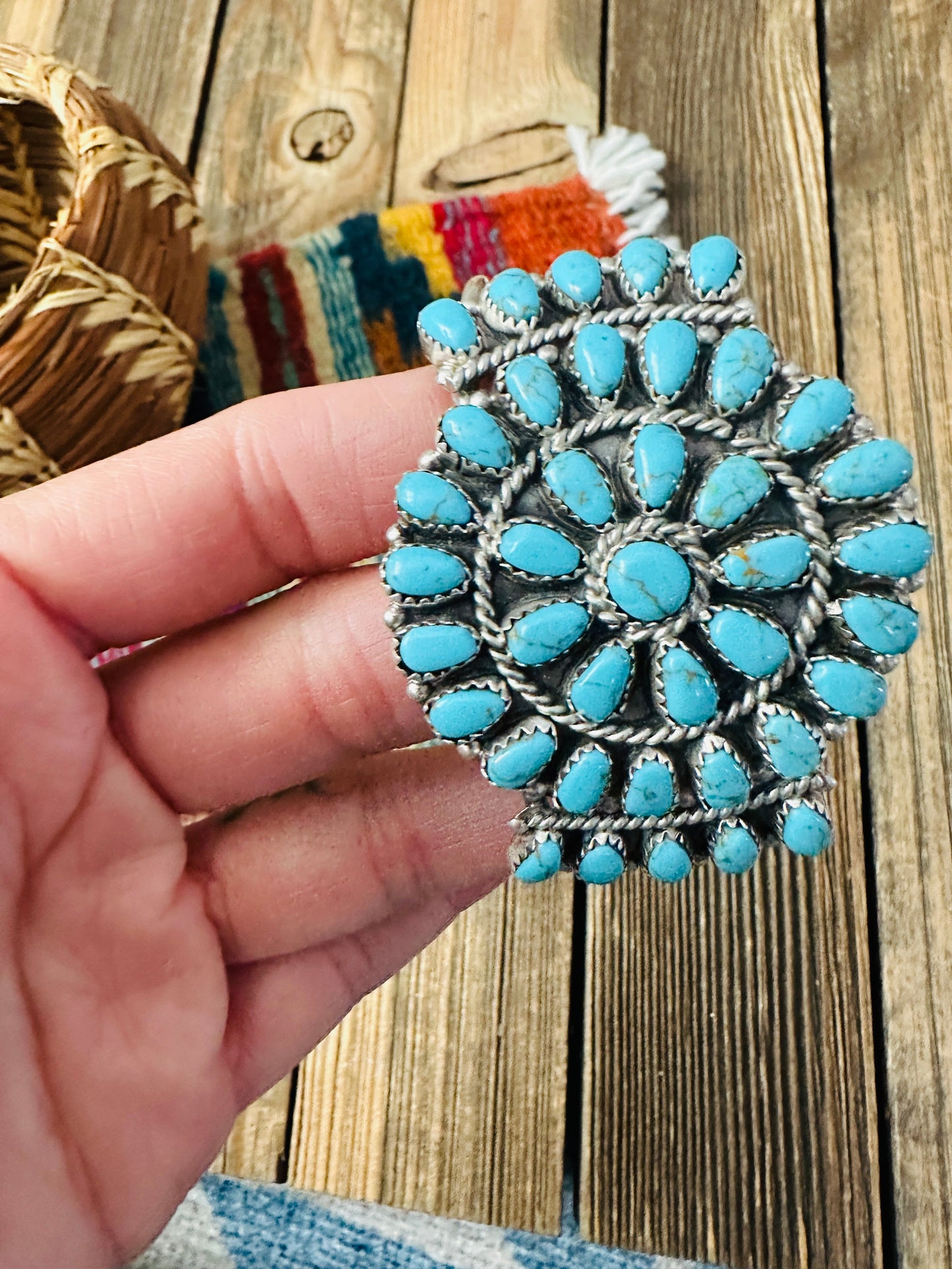 Handcrafted Old Pawn Sterling Silver & Turquoise Cluster Cuff Bracelet