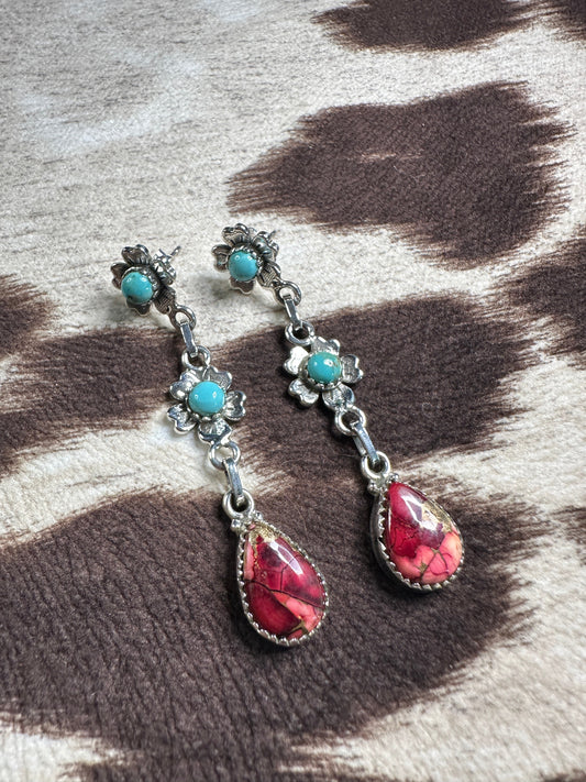 Dahlia Rose & Turquoise Handmade Sterling Silver Flower Dangles