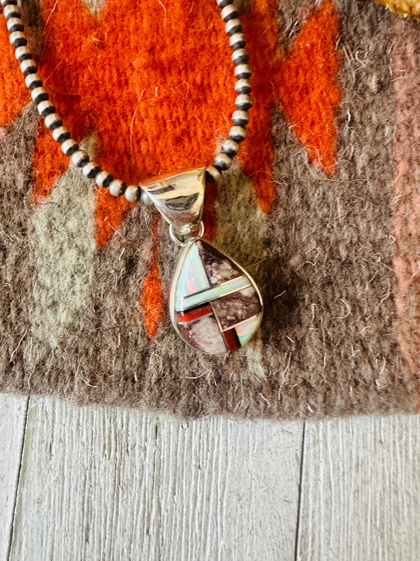 Handcrafted Multi Stone & Sterling Silver Inlay Teardrop Pendant