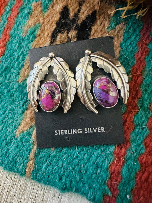 Handcrafted Pink Mojave & Sterling Silver Leaf Post Earrings
