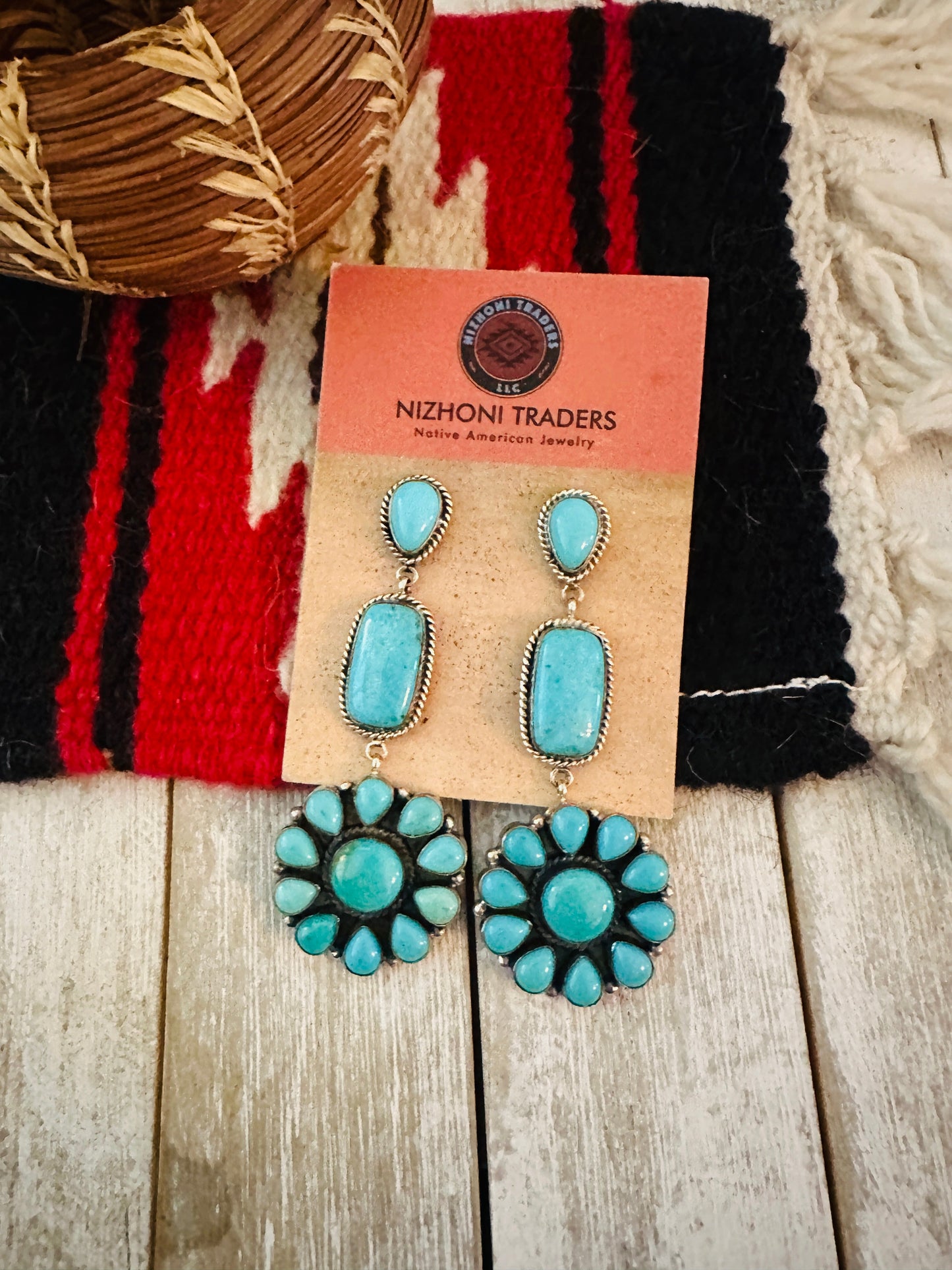 Handcrafted Sterling Silver & Turquoise Cluster Dangle Earrings