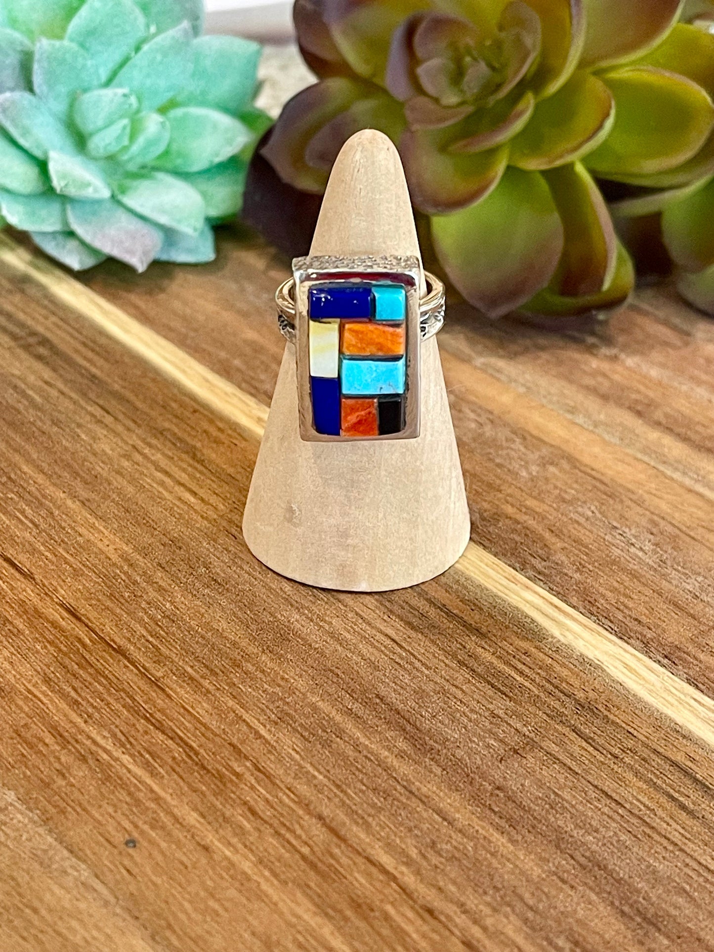 Handmade Sterling Silver & Multi Stone Inlay Ring Size 6.25