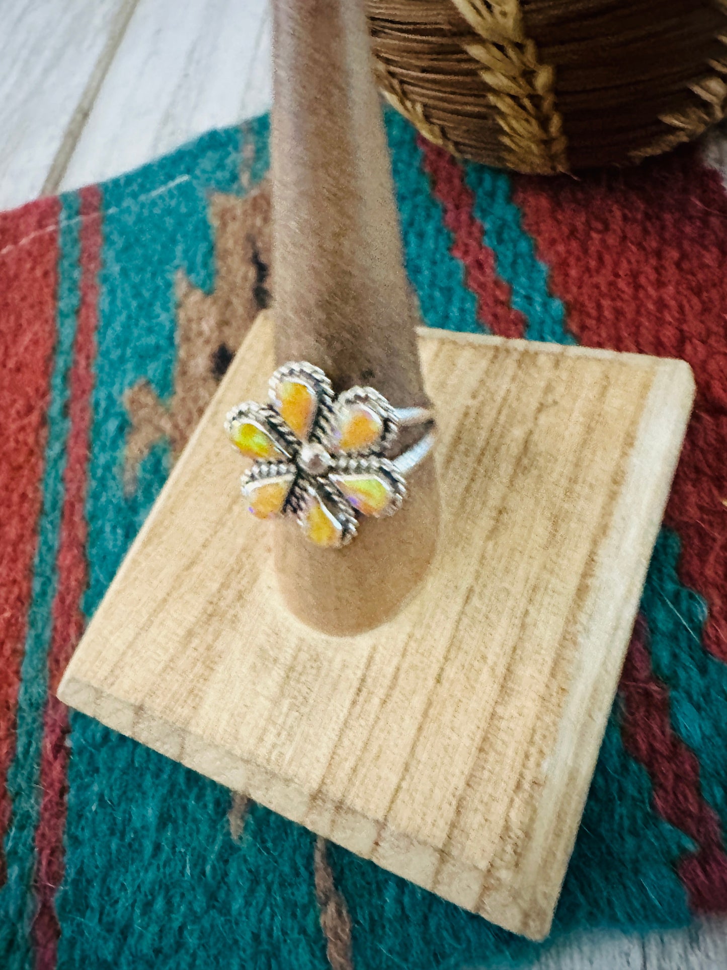 Handcrafted Sterling Silver & Yellow Opal Flower Ring Size 9