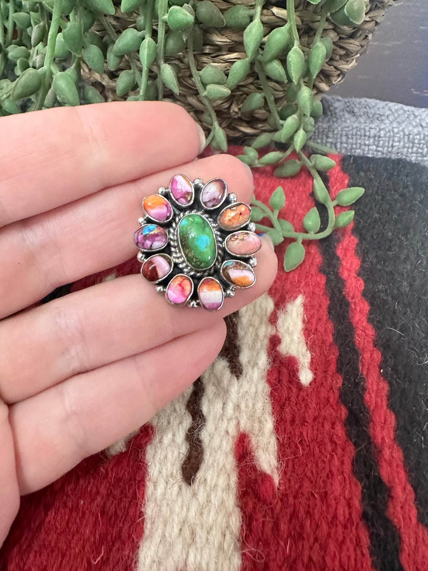 Handmade Sonoran Mountain Turquoise Pink Dream Mojave And Sterling Silver Adjustable Ring