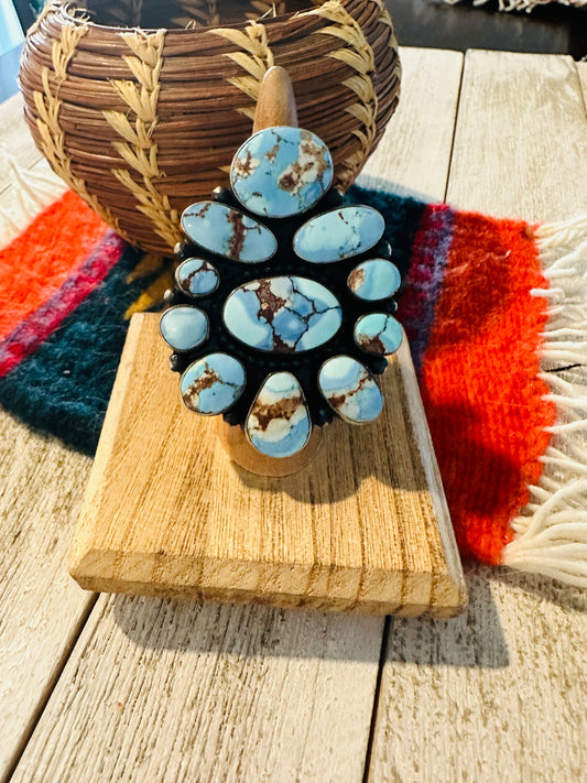 Handcrafted Golden Hills Turquoise & Sterling Silver Cluster Ring Size 7 by B. Yellowhorse