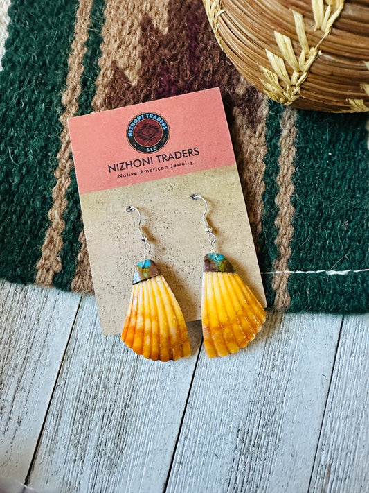Handcrafted Shell & Turquoise Feather Dangle Earrings