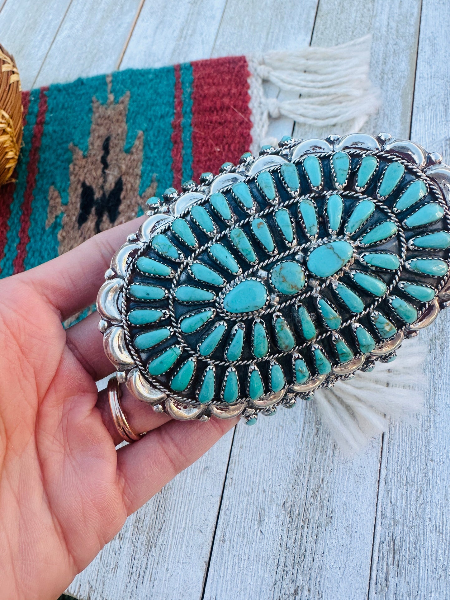 Handcrafted Old Pawn Sterling Silver & Kingman Turquoise Cluster Cuff Bracelet