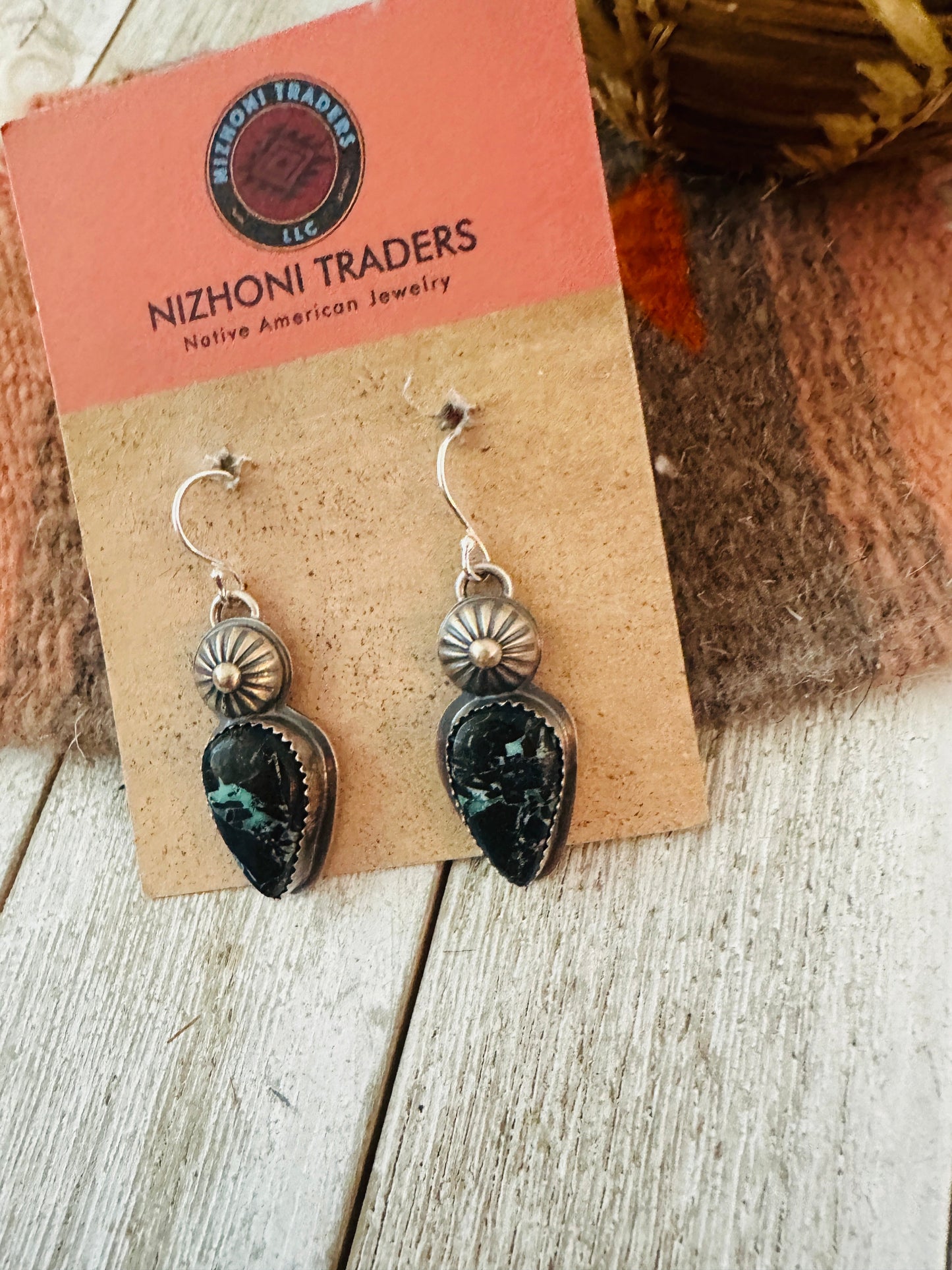 Handcrafted Sterling Silver & Blackjack Turquoise Dangle Earrings