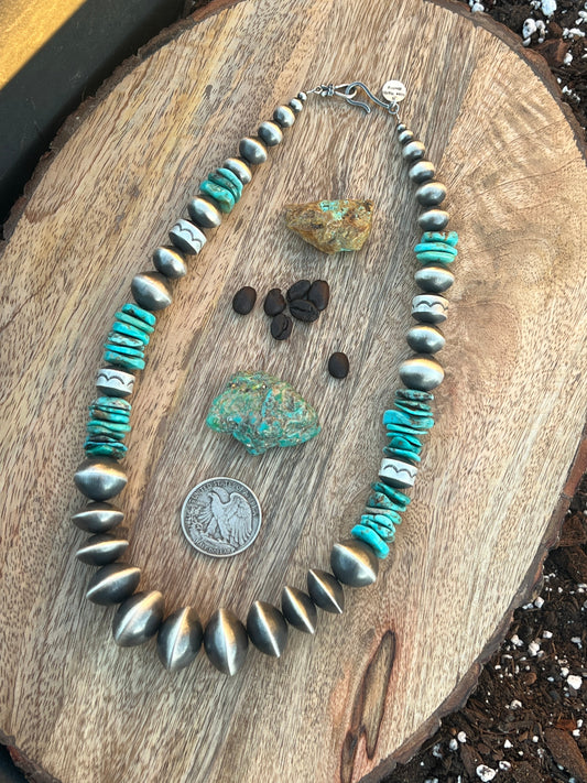 Handcrafted Chunky Sterling Silver and Kingman Turquoise Beaded Necklace by Rose Martin, 21 inches