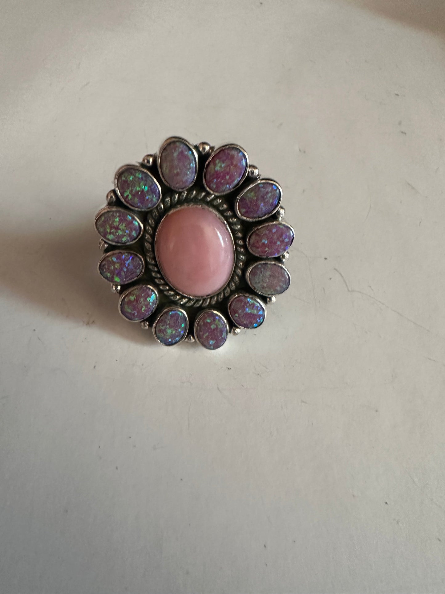 Handmade Pink Conch, Light Purple Fire Opal & Sterling Silver Adjustable Ring- oval