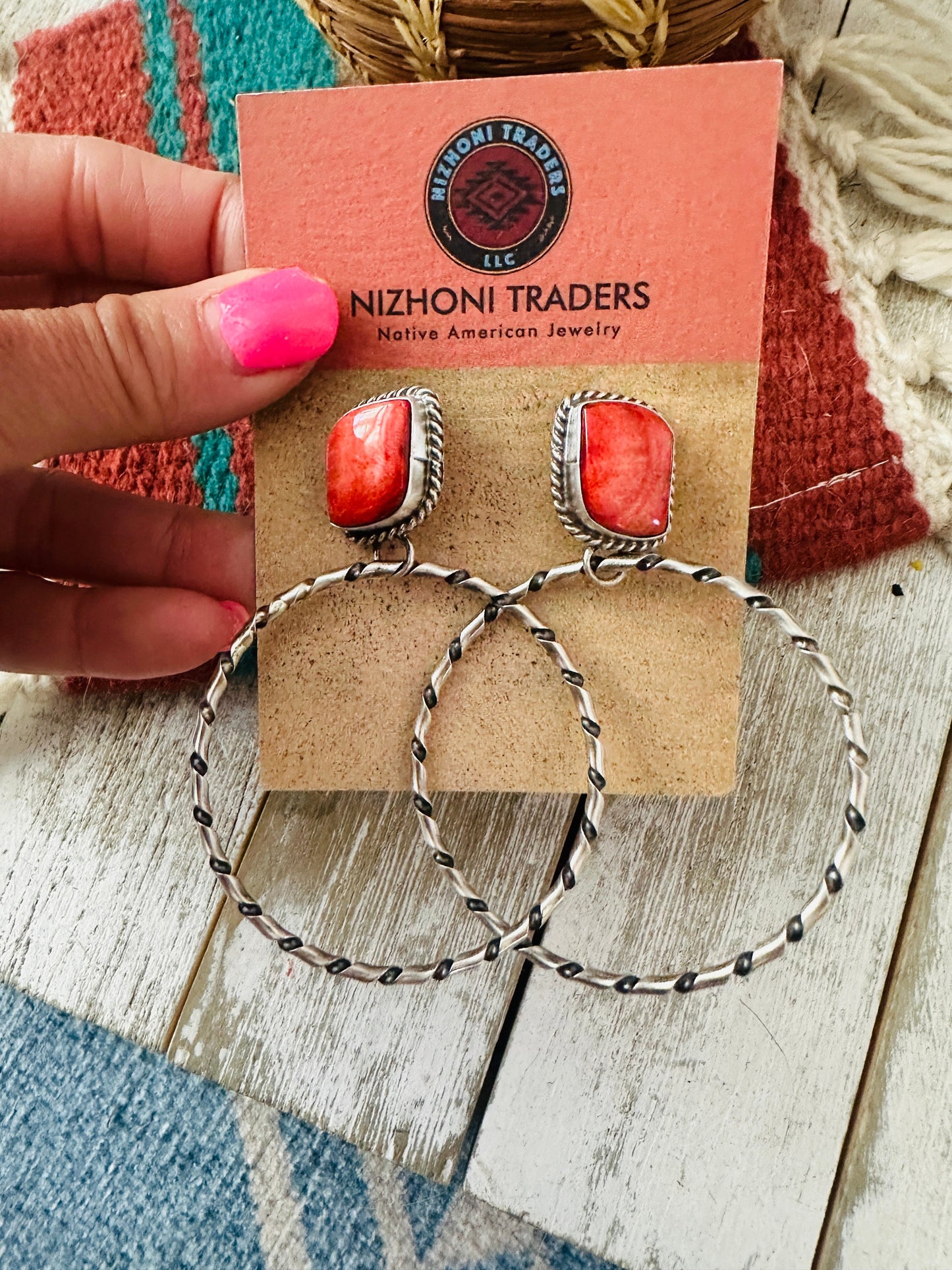 Handcrafted Orange Spiny and Sterling Silver Dangle Hoop Earrings