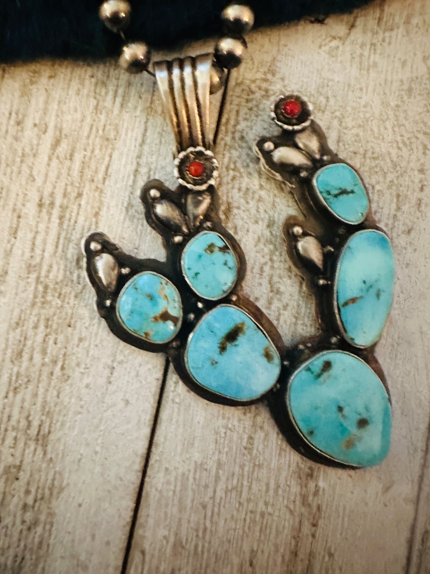 Handcrafted Turquoise, Coral and Sterling Silver Cactus Pendant
