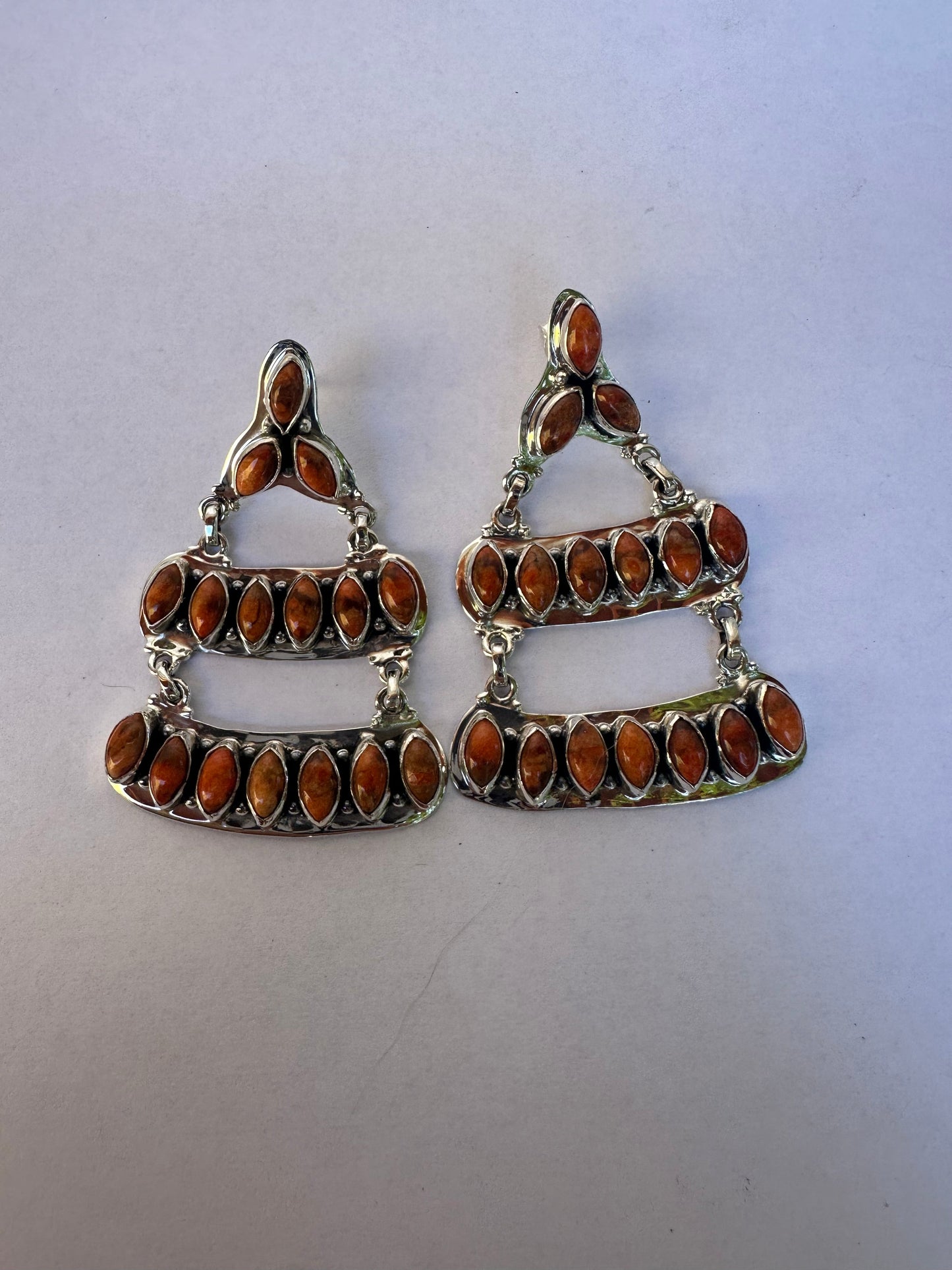 “Rodeo Roundup” Handmade Orange Mojave And Sterling Silver Dangle Earrings Signed Nizhoni