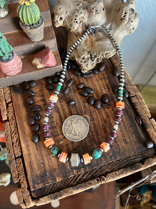 Handcrafted Sterling Silver, Kingman Turquoise and Spiny Oyster Shell Electric Rainbow Beaded Necklace, 16” + 2”