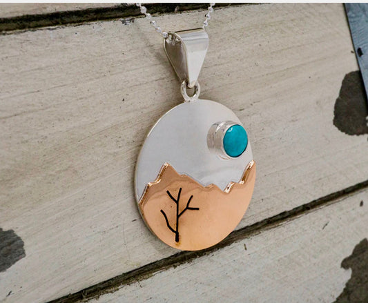 Copper Sunrise Turquoise Sterling Silver Pendant Necklace