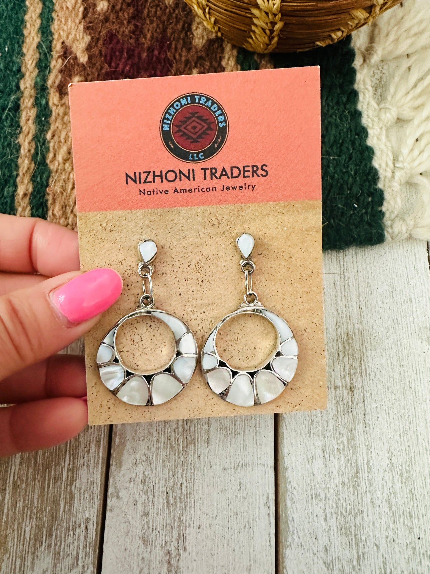 Handcrafted Mother of Pearl & Sterling Silver Inlay Dangle Earrings
