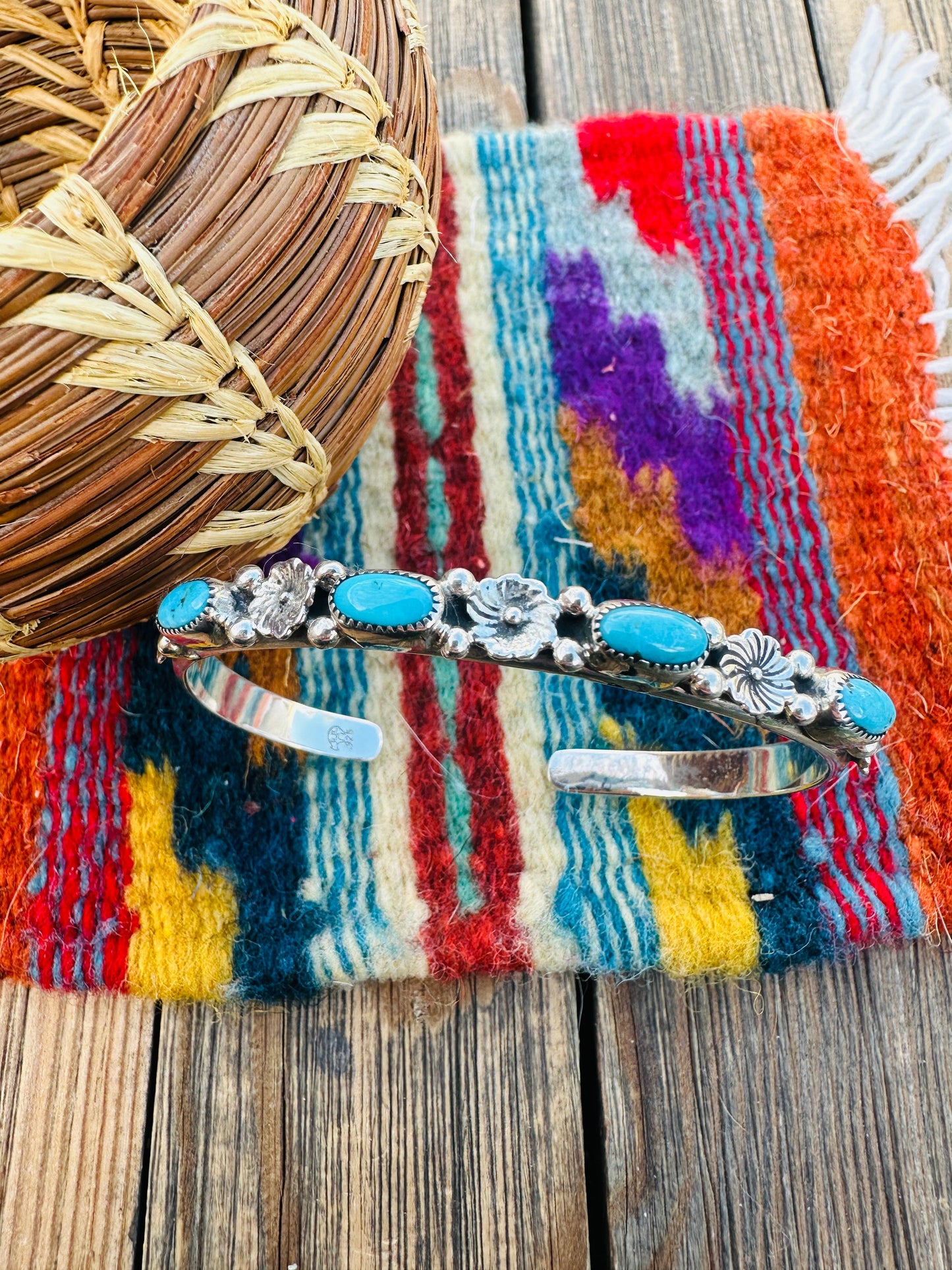 Handcrafted Turquoise & Sterling Silver Flower Stacker Cuff Bracelet