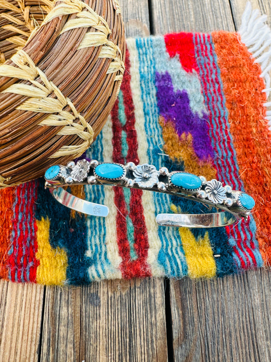 Handcrafted Turquoise & Sterling Silver Flower Stacker Cuff Bracelet