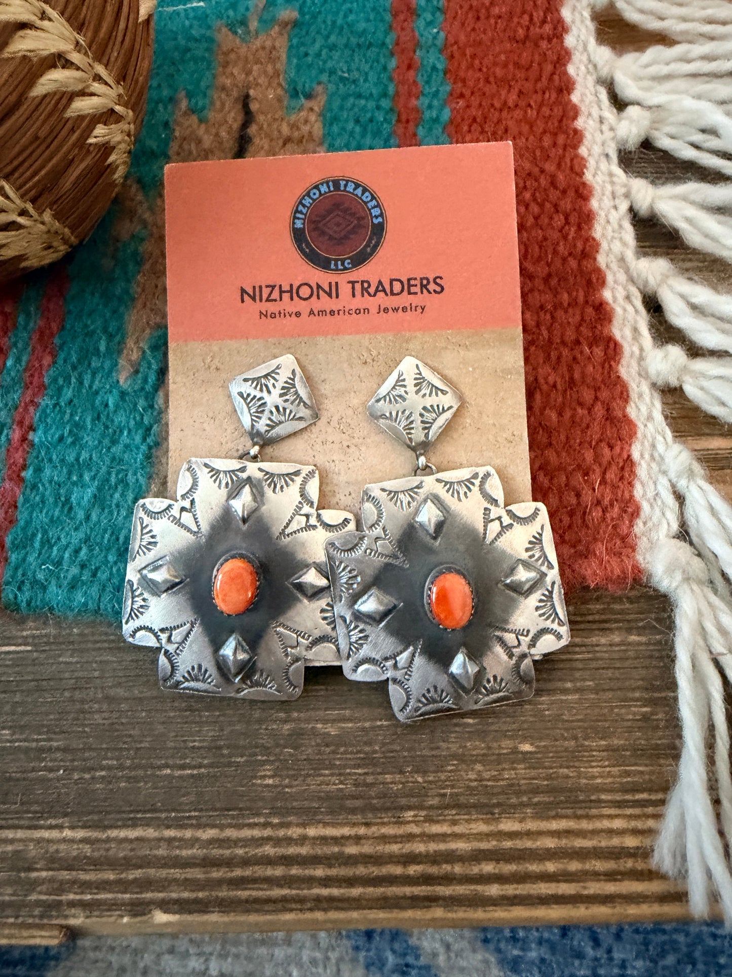 Handcrafted Orange Spiny Oyster & Sterling Silver Concho Dangle Earrings
