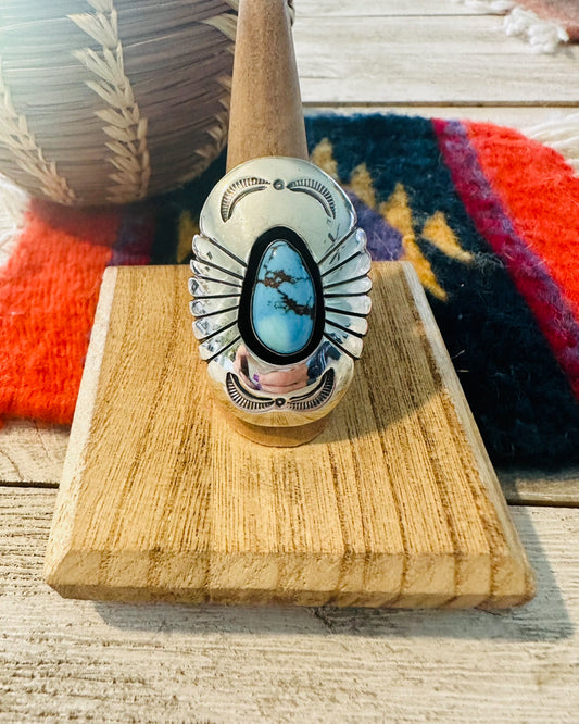 Handcrafted Golden Hills Turquoise & Sterling Silver Shadowbox Ring Size 8.5
