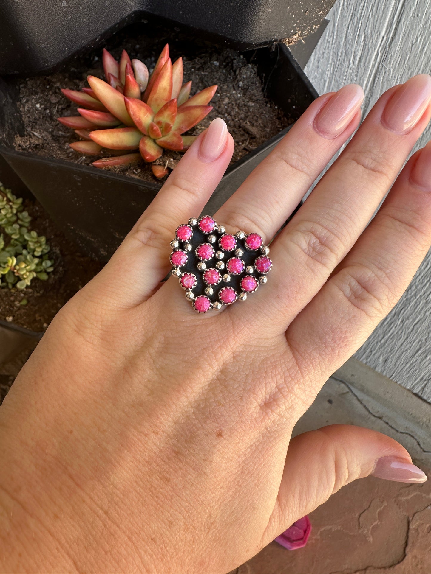 Beautiful Handmade Hot Pink Fire Opal And Sterling Silver Adjustable Cluster Heart Ring