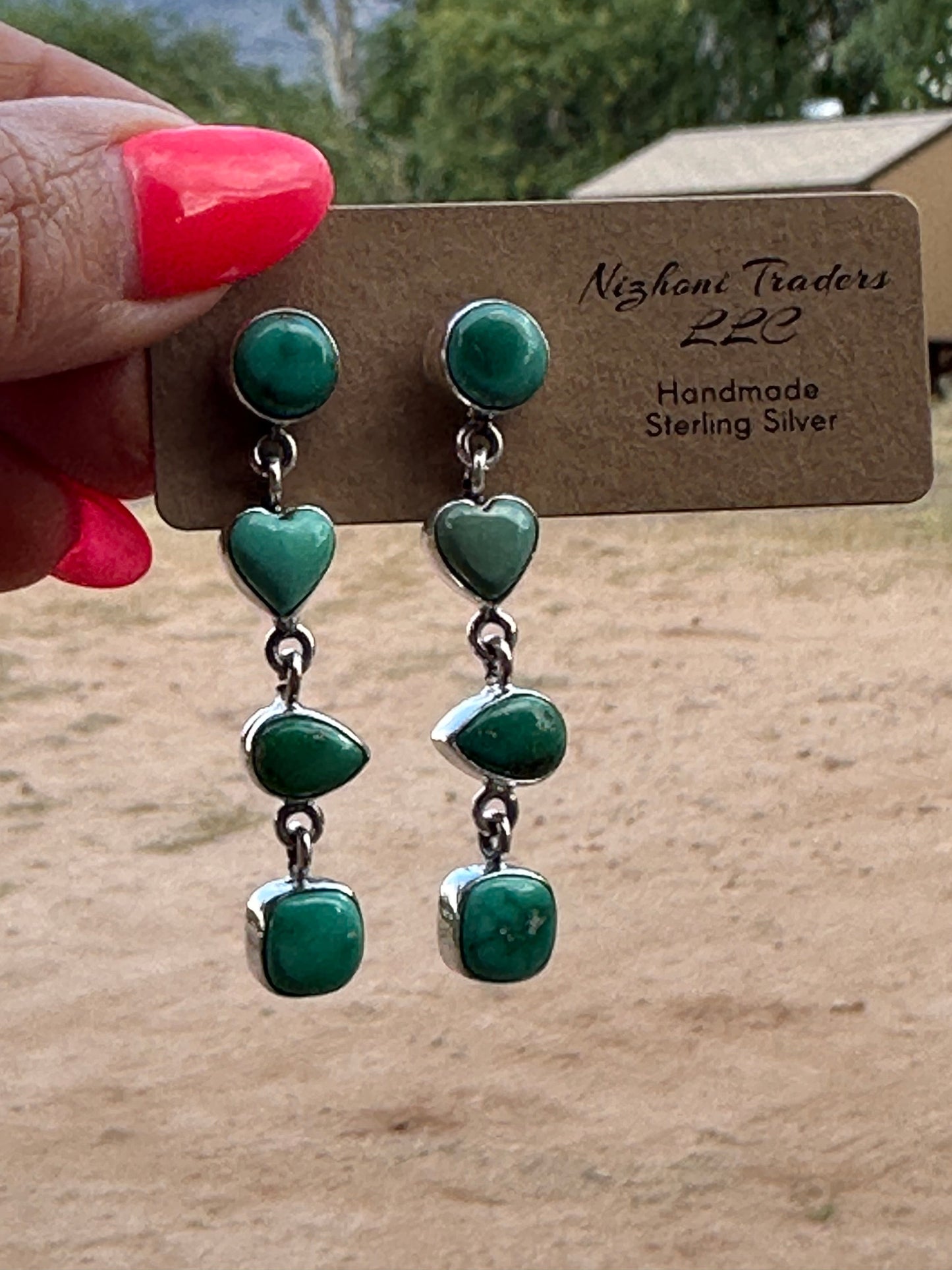 Handmade Emerald Valley Turquoise heart and Sterling Silver 4 Stone Dangles