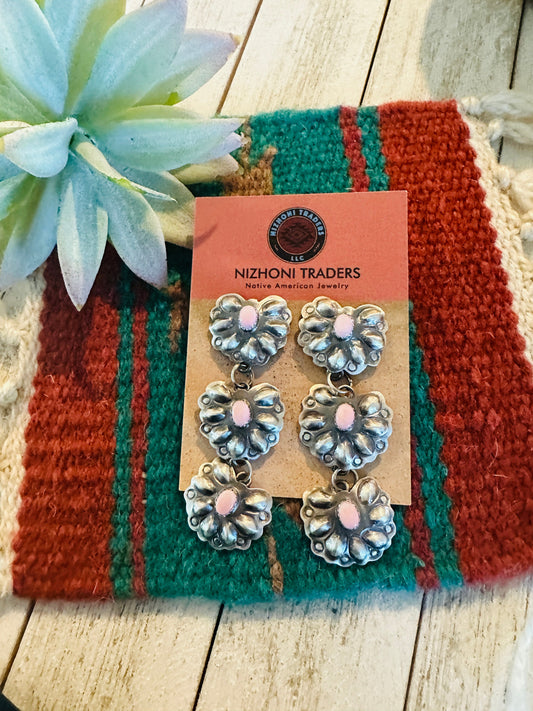 Navajo Queen Pink Conch & Sterling Silver Concho Dangle Earrings