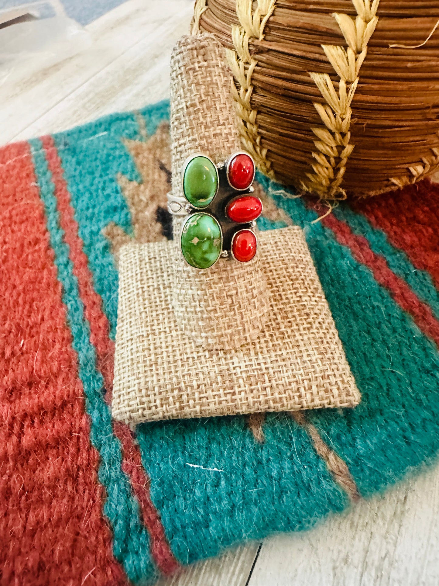 ** Christmas Collection ** Handmade Sterling Silver, Turquoise & Coral Adjustable Ring Signed Nizhoni