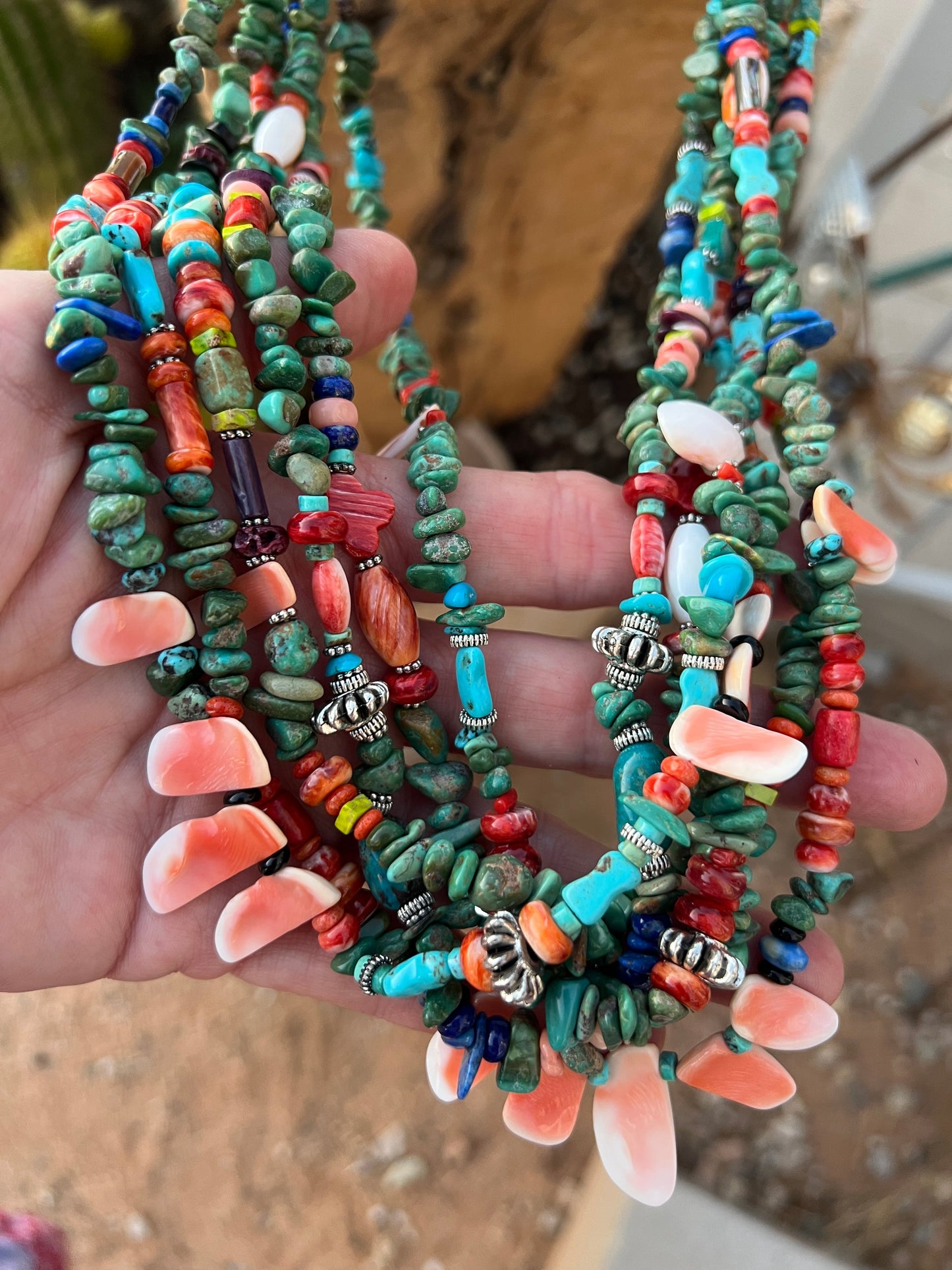 Gorgeous Handcrafted Made Six Strand Turquoise and Spiny Oyster Beaded Squaw Wrap Necklace, Green