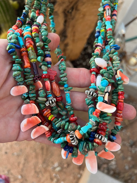 Gorgeous Handcrafted Made Six Strand Turquoise and Spiny Oyster Beaded Squaw Wrap Necklace, Green