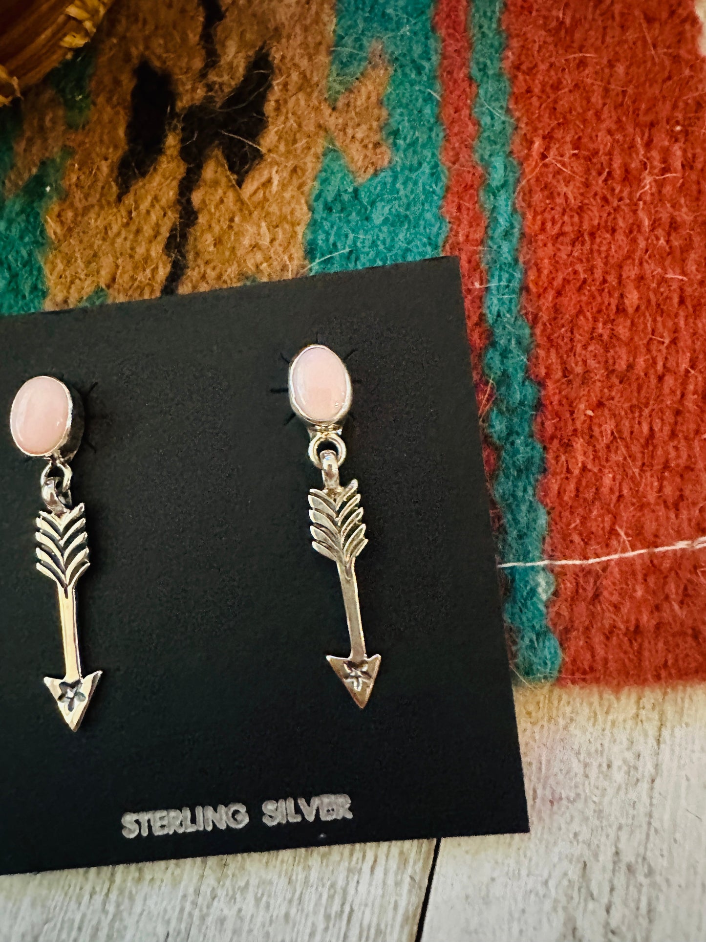 Handcrafted Queen Pink Conch & Sterling Silver Arrow Dangle Earrings