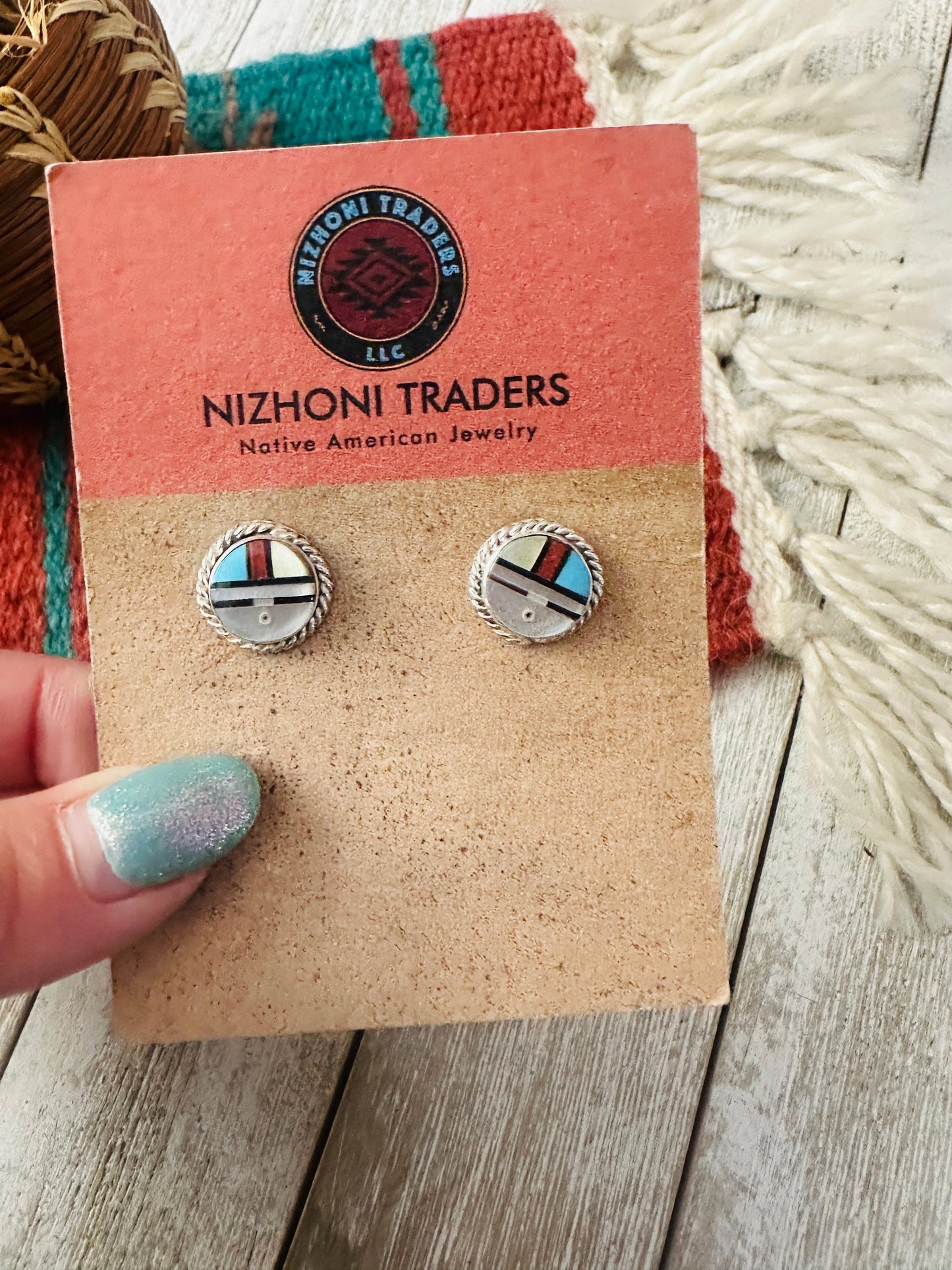 Handcrafted Multi Stone & Sterling Silver Inlay Sun Face Stud Earrings