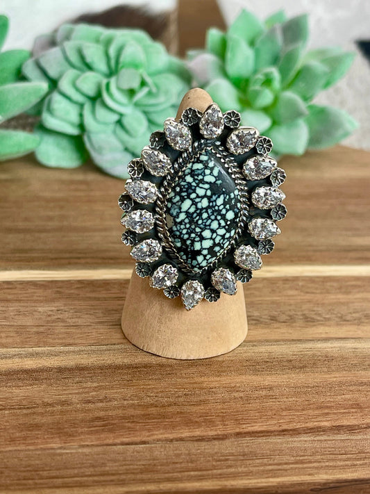 Beautiful Handmade New Lander Turquoise, Cubic Zirconia And Sterling Silver Adjustable Ring