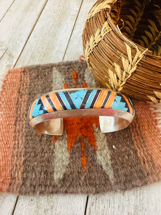 Handcrafted Multi Stone & Sterling Silver Inlay Cuff Bracelet