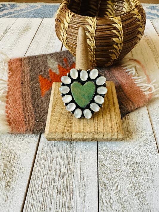 Handcrafted Sterling Silver , Mother of Pearl & Turquoise Heart Ring Size 10