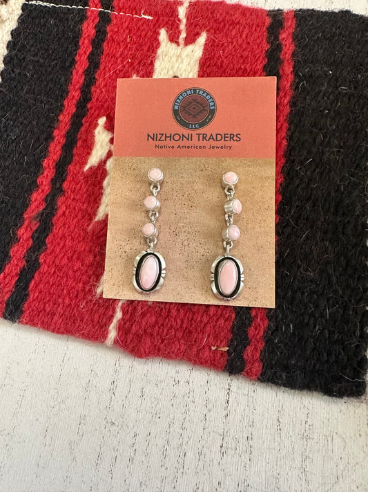 Handcrafted Sterling Silver Pink Conch 4 Stone Dangle Earrings