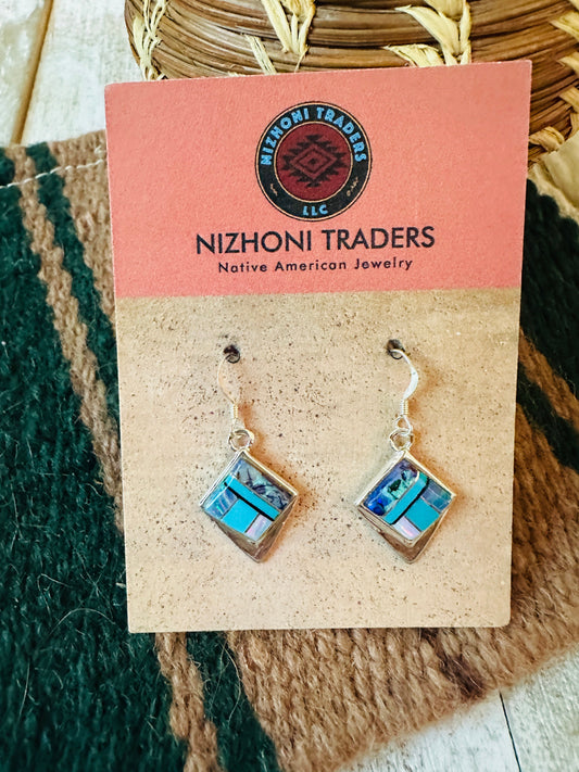 Handcrafted Sterling Silver & Multi Stone Inlay Dangle Earrings
