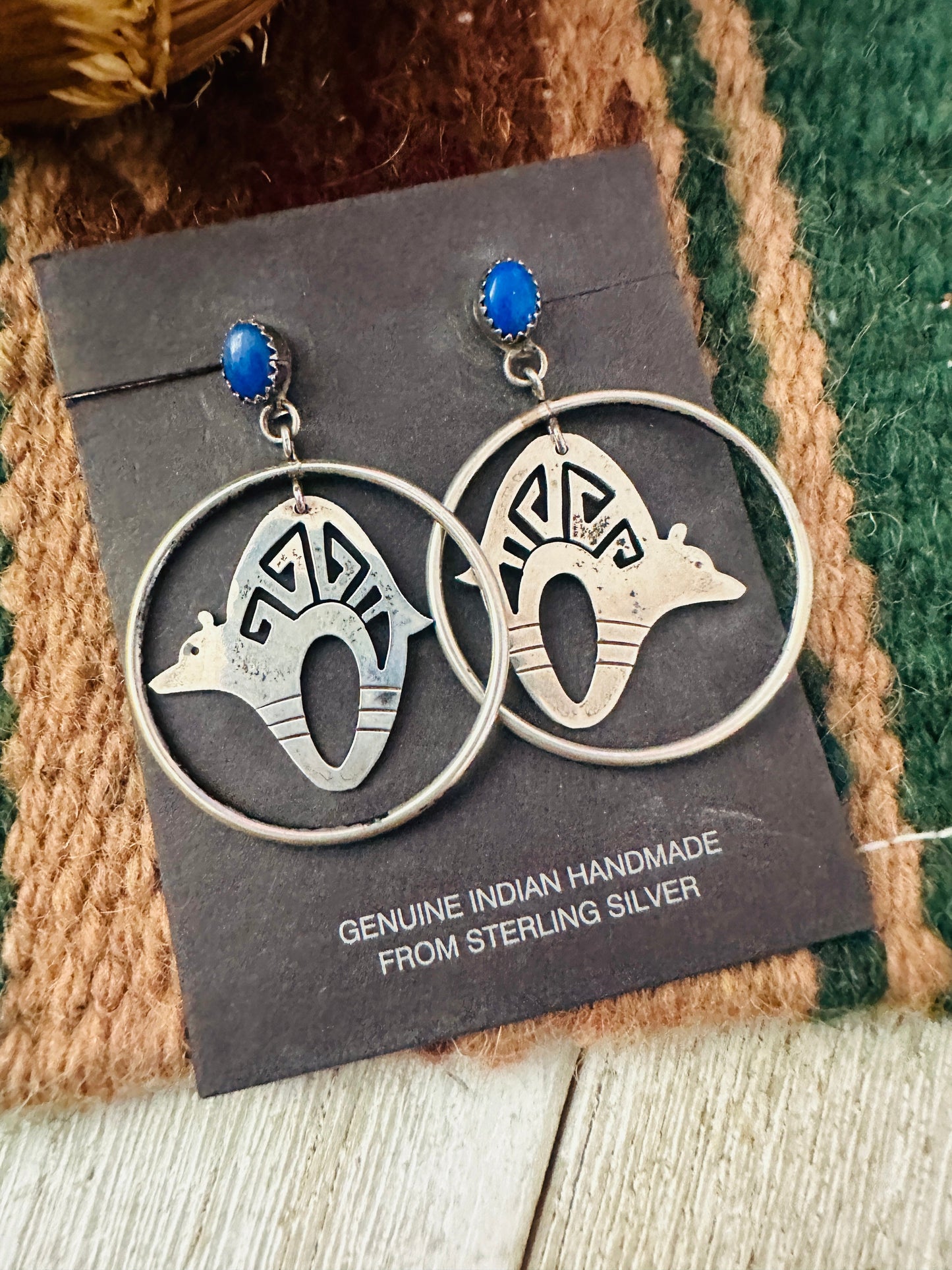 Handcrafted Old Pawn Sterling Silver & Lapis Fetish Bear Dangle Earrings