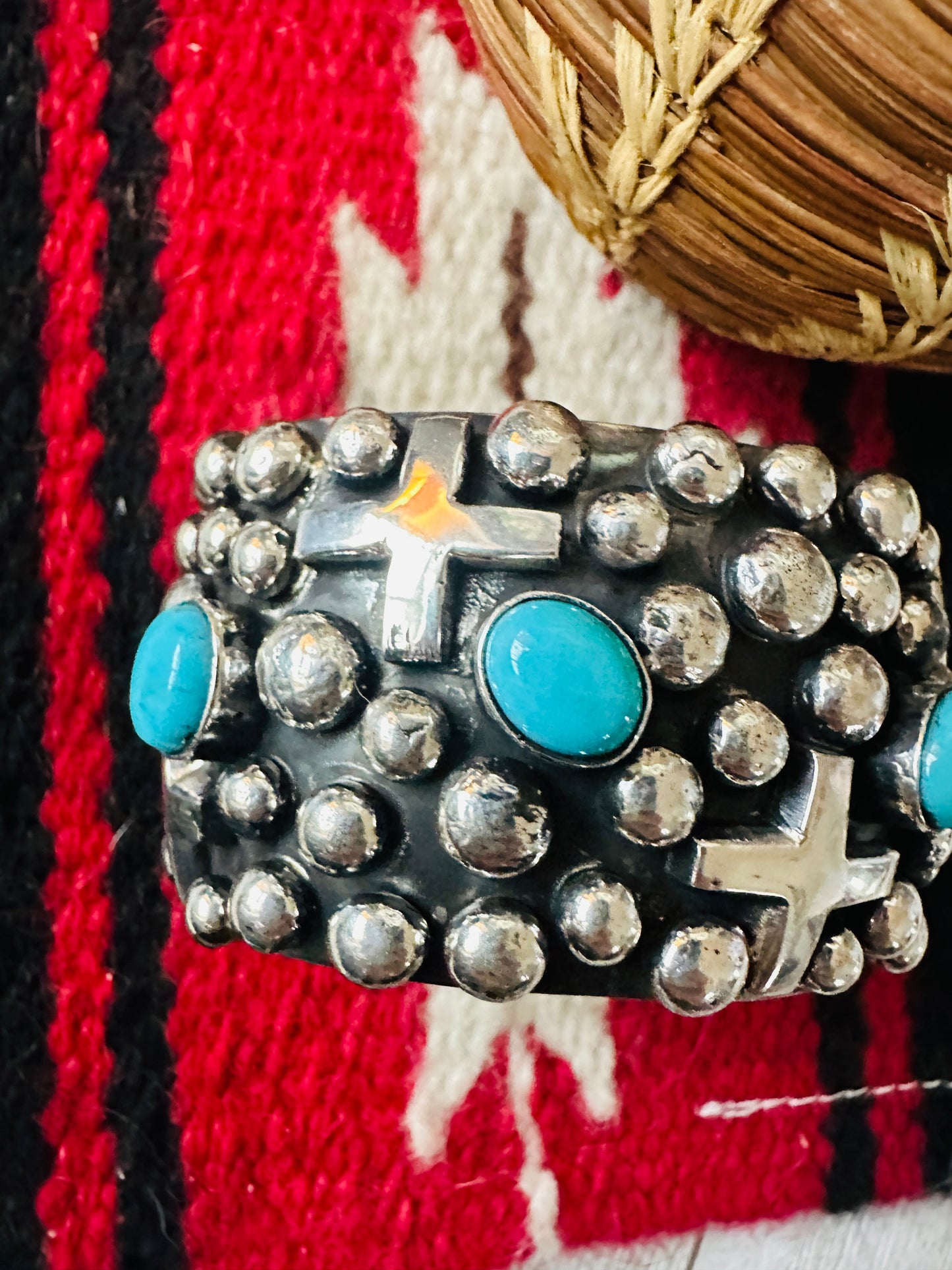 Handcrafted Turquoise & Sterling Silver Cross Cuff Bracelet By Chimney Butte /