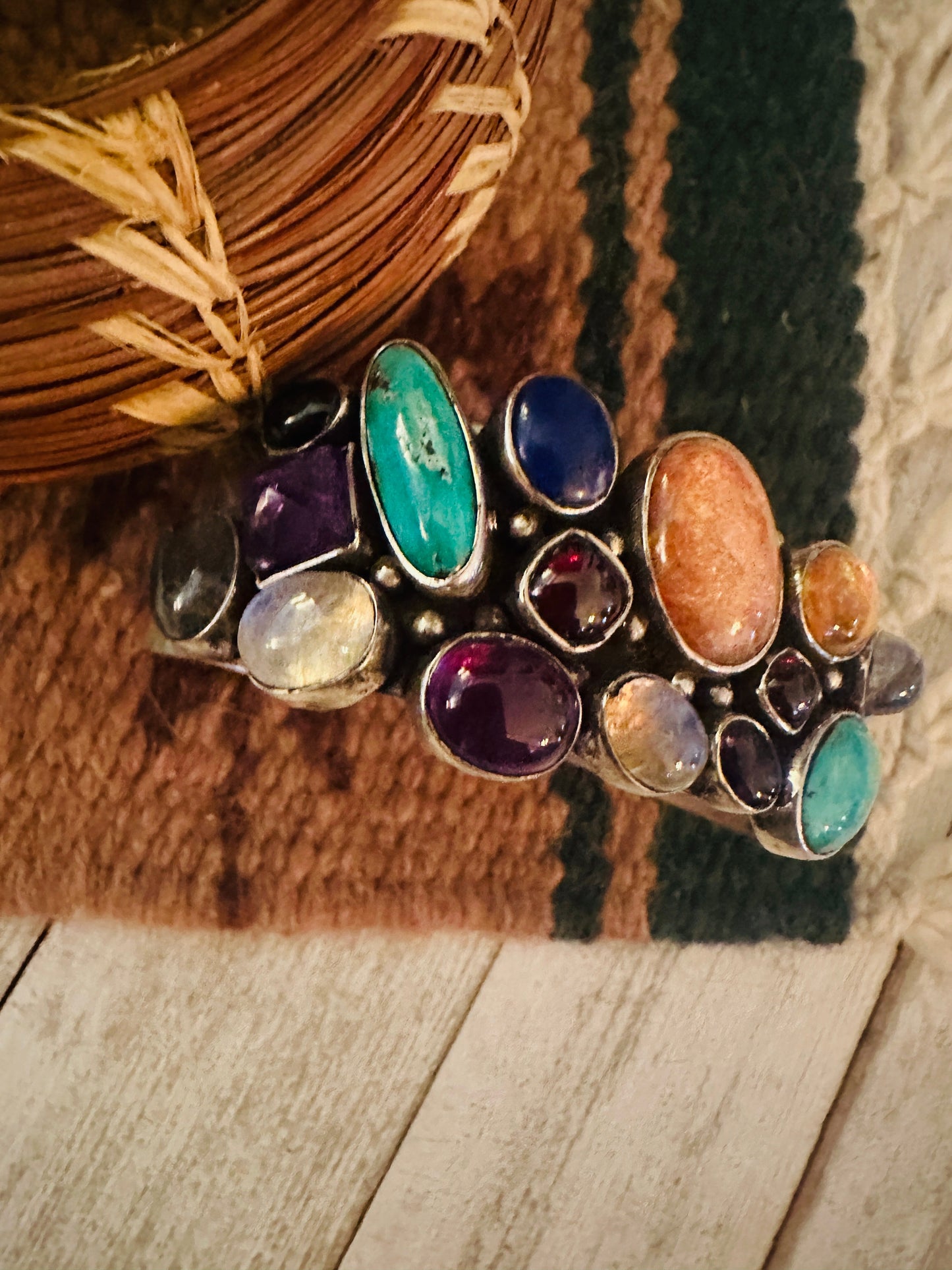 Handcrafted Old Pawn Vintage Multi Stone & Sterling Silver Cuff Bracelet