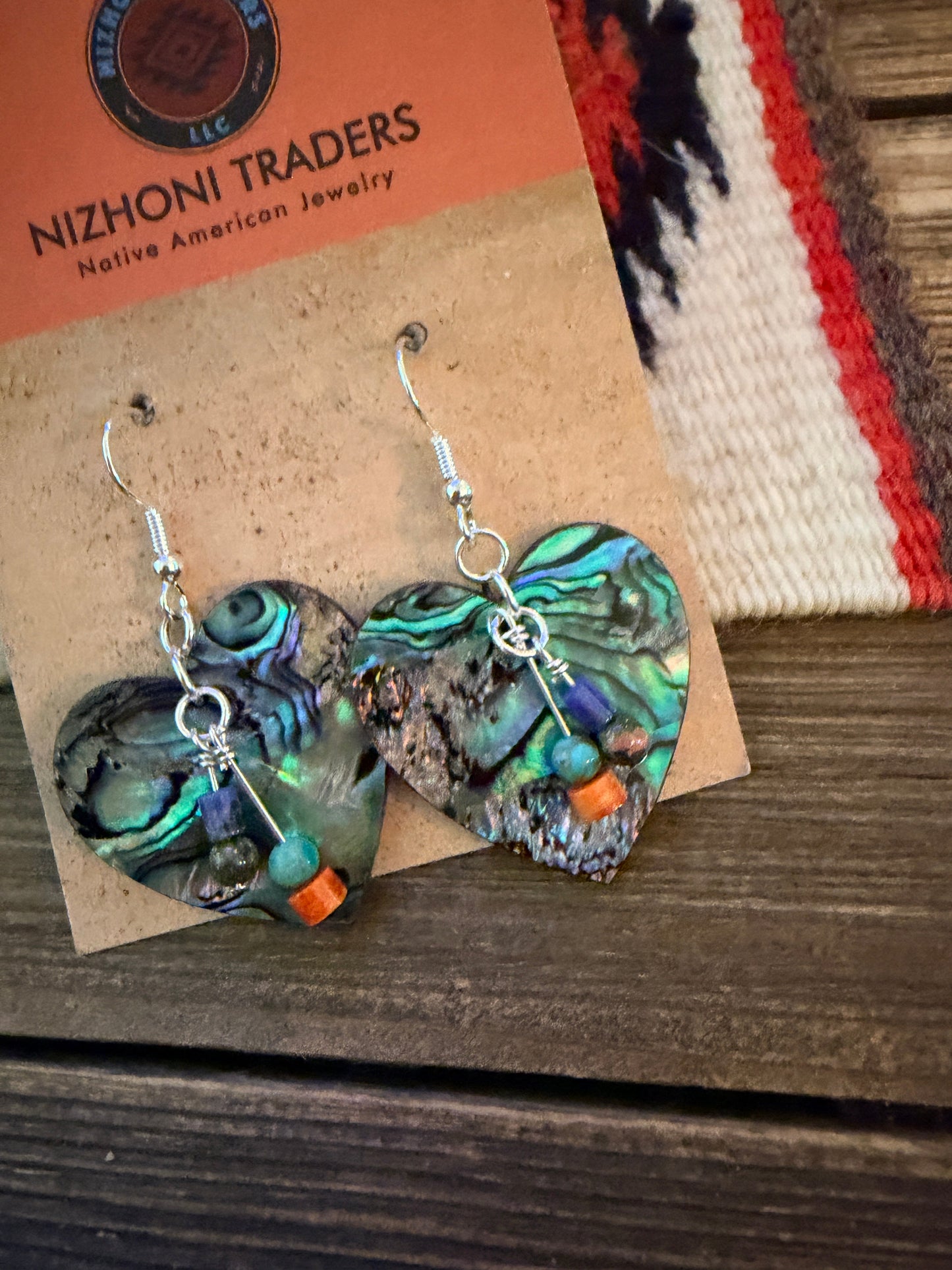 Handcrafted Abalone Slab Heart Dangle Earrings