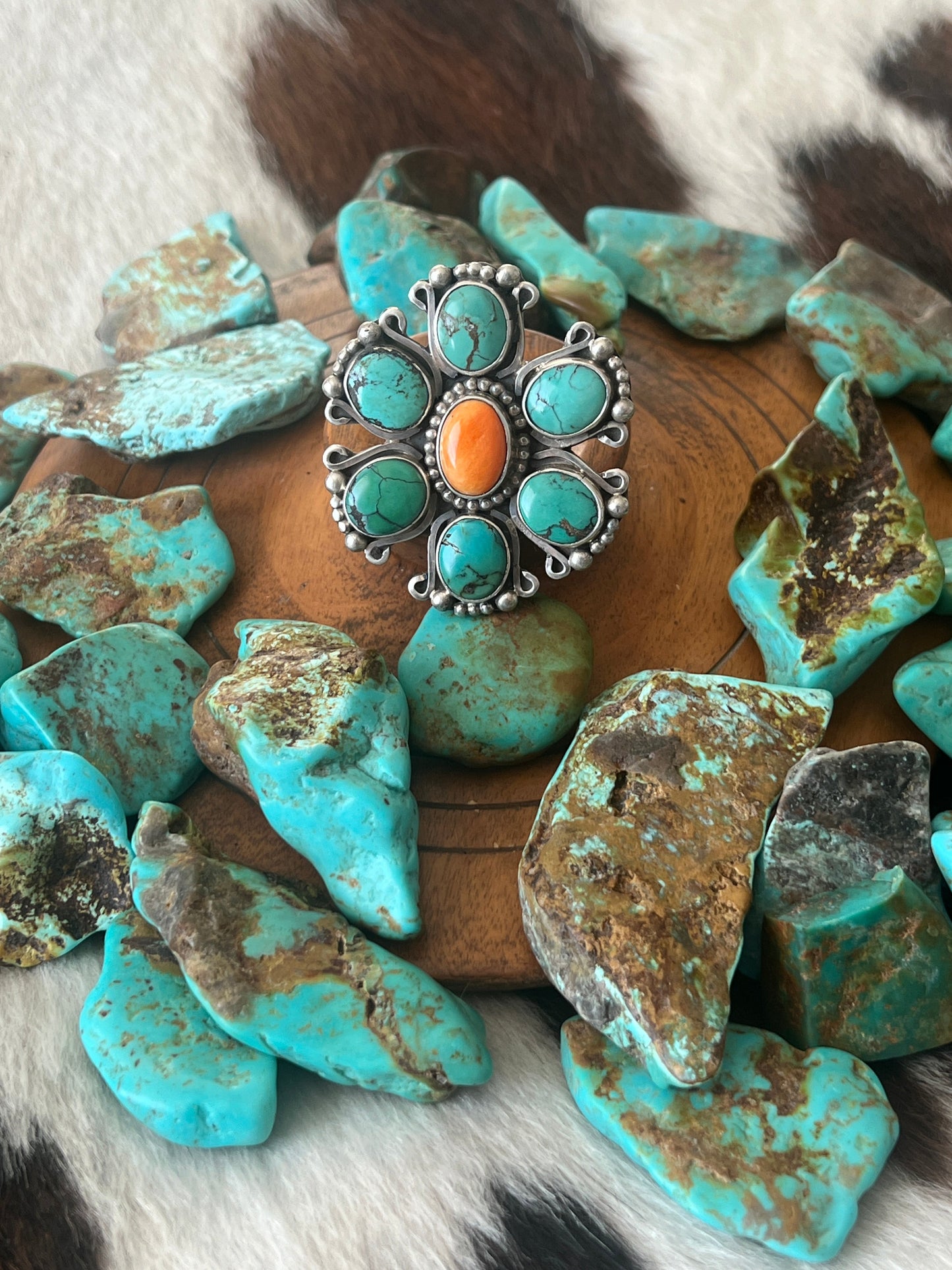 Rosella Paxson Sterling Silver, Hubei Turquoise and Spiny Oyster Shell Cluster Ring