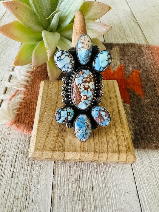 Handcrafted Golden Hills Turquoise & Sterling Silver Cluster Ring Size 11