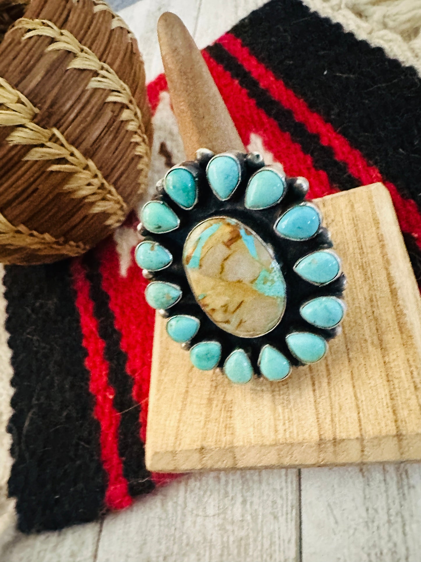Handcrafted Ribbon Turquoise & Sterling Silver Cluster Ring Size 8