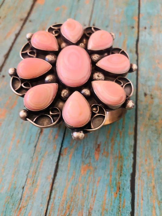 Handcrafted Queen Pink Conch Shell & Sterling Silver Cluster Cuff Bracelet Signed /