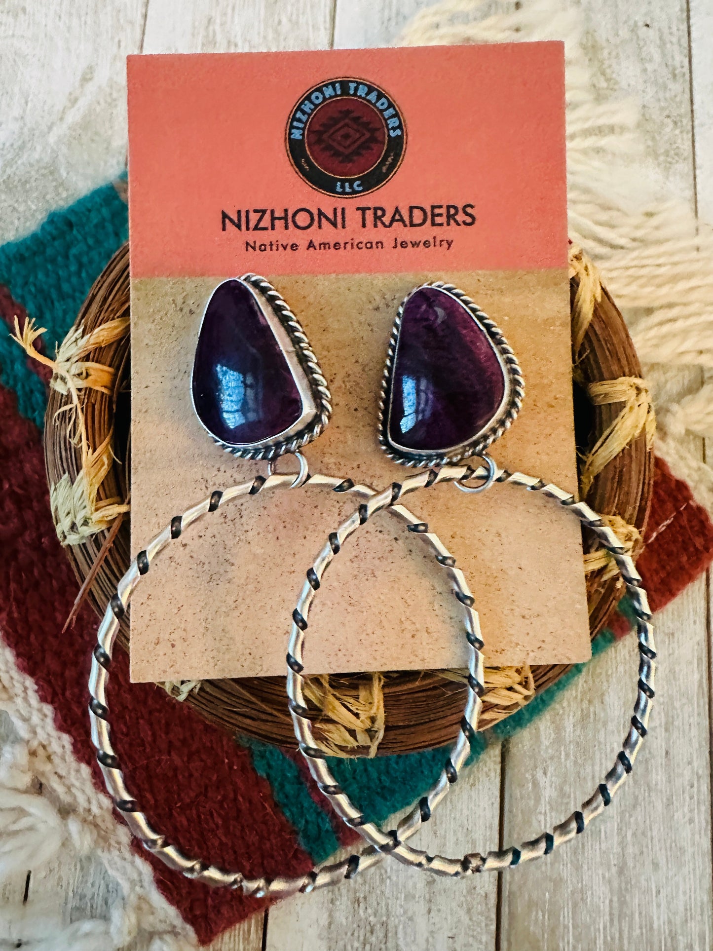 Handcrafted Purple Spiny and Sterling Silver Dangle Hoop Earrings