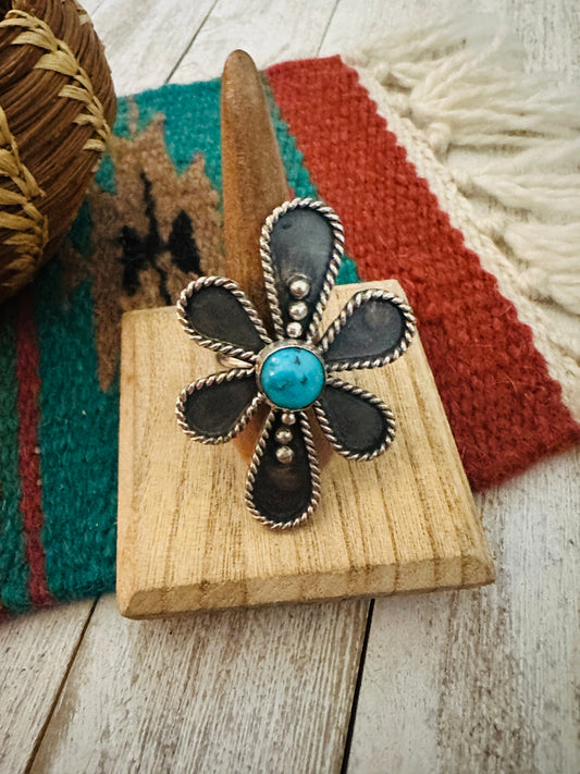 Navajo Sterling Silver And White Buffalo Adjustable Flower Ring