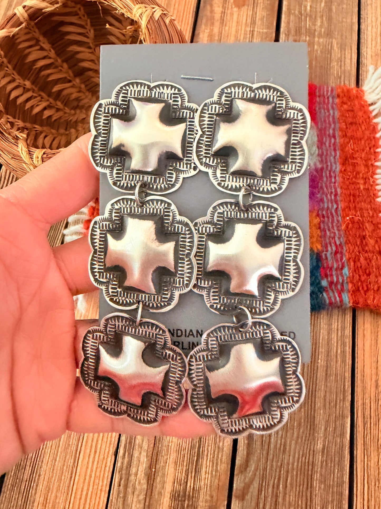 Handcrafted Sterling Silver Concho Cross Dangle Earrings by Leander Tahe